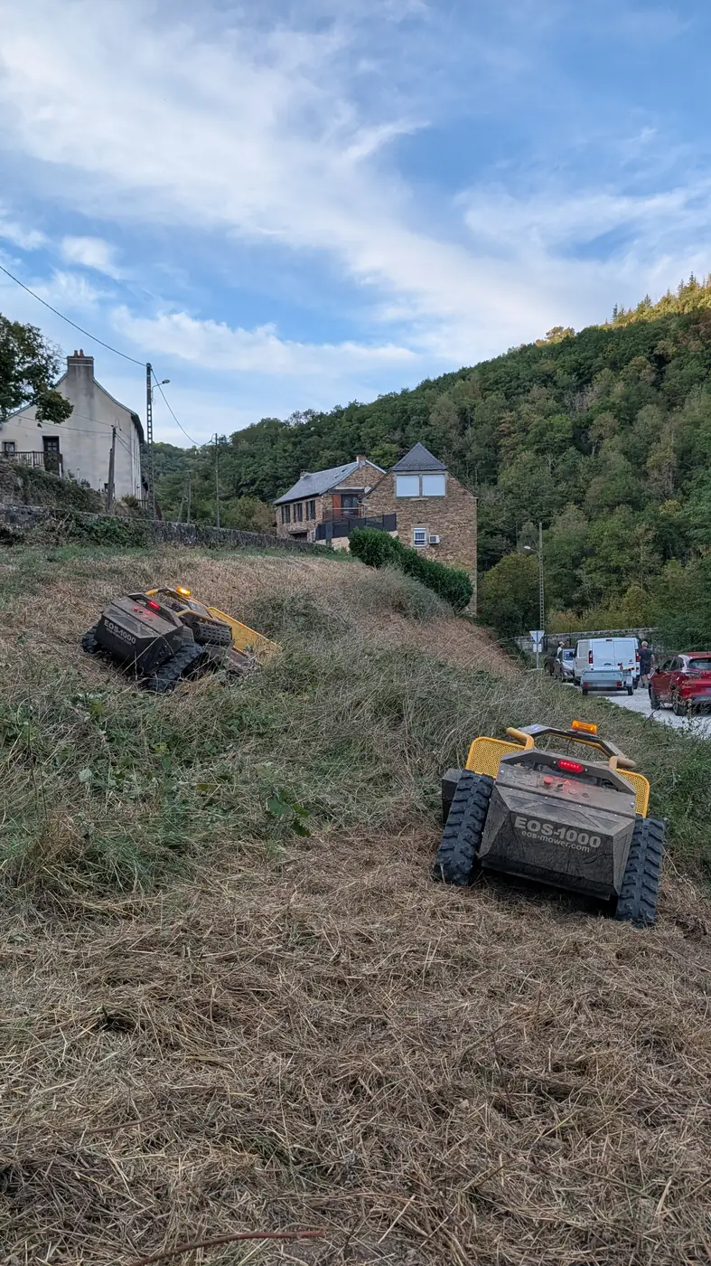 Broyage d'un talus en pente au-dessus d'habitations, secteur de Rodez